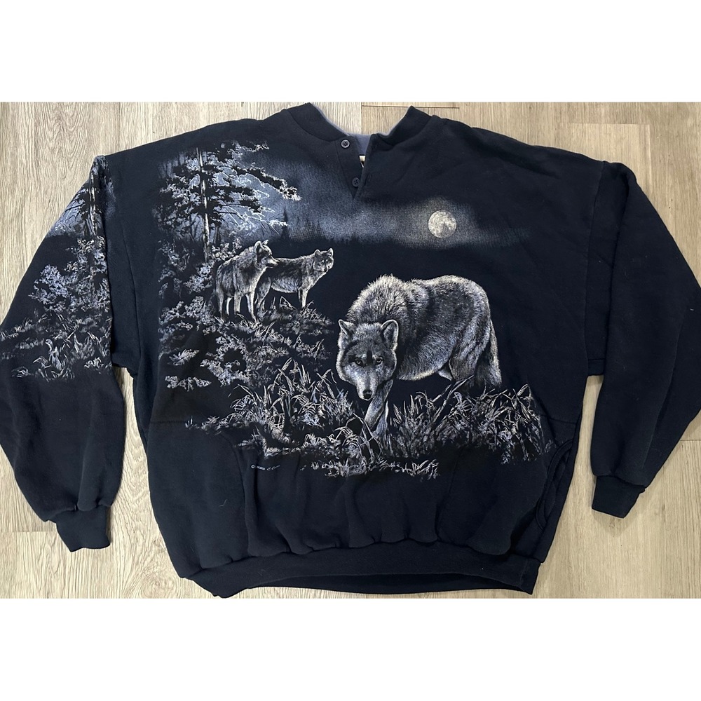 Vintage 90s Art Unlimited Wolf Sweatshirt XXXL USA Made AOP Henley Pockets Blue